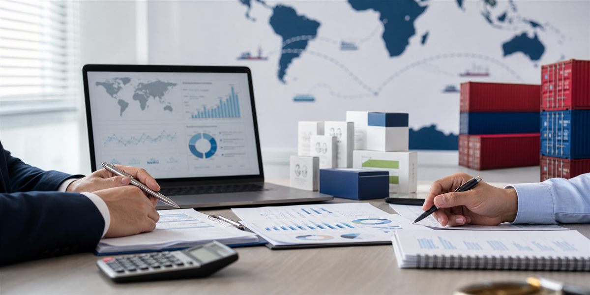 Mesa de asesoría con documentos de importación, laptop y productos de muestra